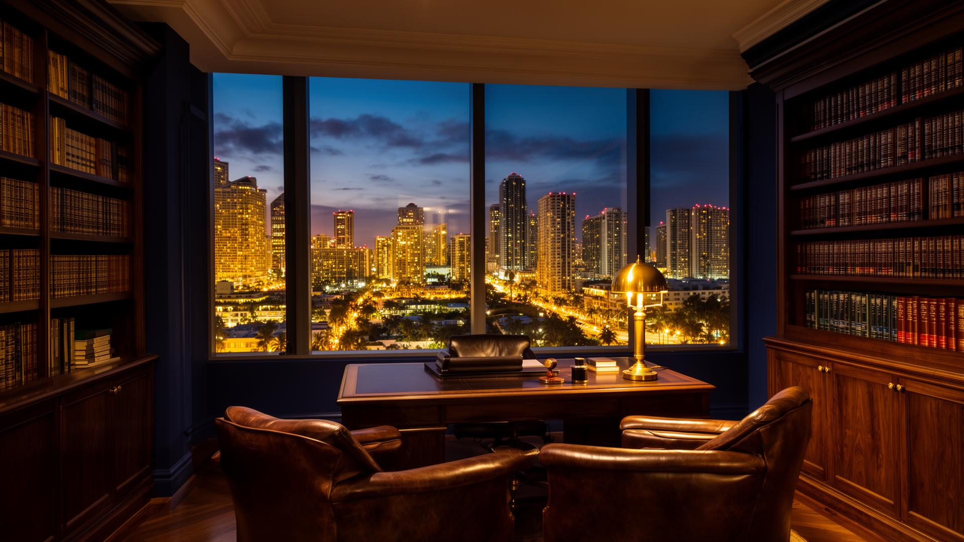 Sophisticated Coral Gables law firm office overlooking the Miami skyline at dusk